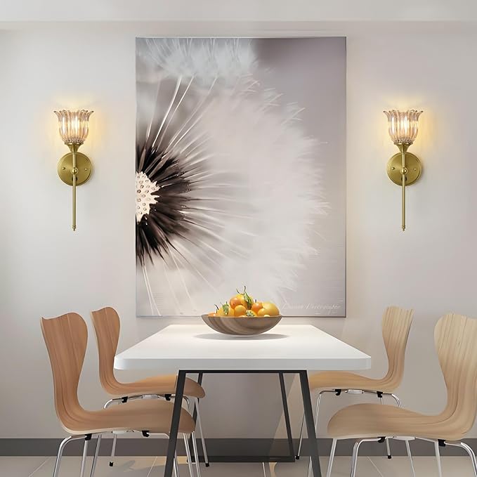 Modern Wall Sconces with Amber Flower Glass Shade 1 Pack, Mid Century Bathroom Vanity Wall Light Fixtures Gold Vintage Wall Lights with Switch for Mirror Bedroom Living Room