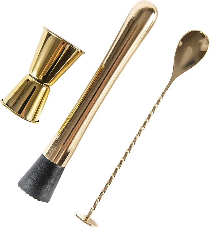 3-Pcs Gold Muddler & Mixing Tools Set, 10" Muddler, 12" Cocktail Spoon & 1 oz/2 oz Double Jigger, Bar Tool Set for Beverages