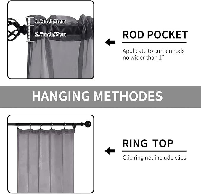 Sheer Curtains 72 Inches Long 2 Panels, Rod Pocket Short Curtain for Kitchen, Bedroom, Cafe Window(Grey 38" W x 72" L)