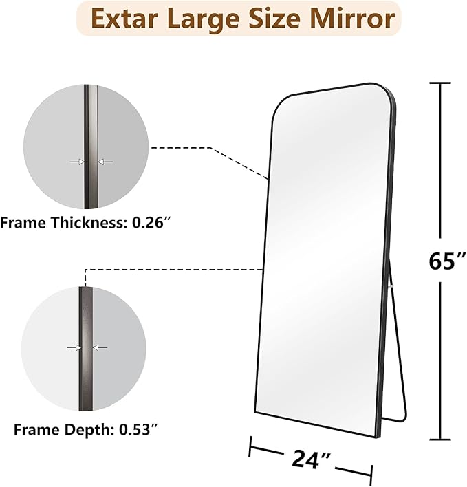 Koonmi Full Length Mirror, 65"x24" Mirror Full Length with Stand, Black Domed Top Square-Edged Floor Mirror with Aluminum Alloy Frame for Bedroom Living Room