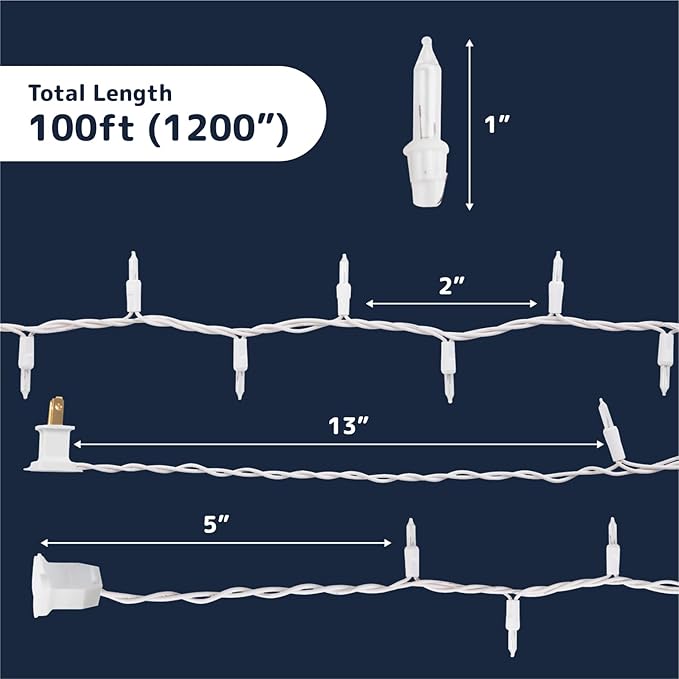 PREXTEX Christmas Lights - 500 Clear Bulbs on 100 ft White Wire, Warm Twinkle Lights String for Indoor and Outdoor Holiday Decorations - Clear Warm White