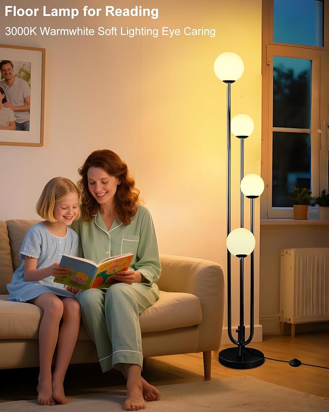 Lightdot Black Globe Floor Lamp 4-Lights Dimmable Floor Lamps with Tray 3000K Bulbs Included Unique Candle Standing Lamp for Living Room/Bedroom