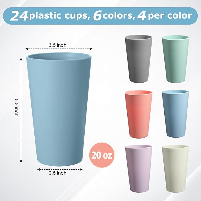24 Pcs Unbreakable Plastic Cups Set, 20 oz Reusable Plastic Cups, Stackable Water Tumblers, Drinking Cup for Kitchen, Outdoor, BPA-free, Dishwasher Refrigerator and Microwave Safe (20 oz, 6 Colors)