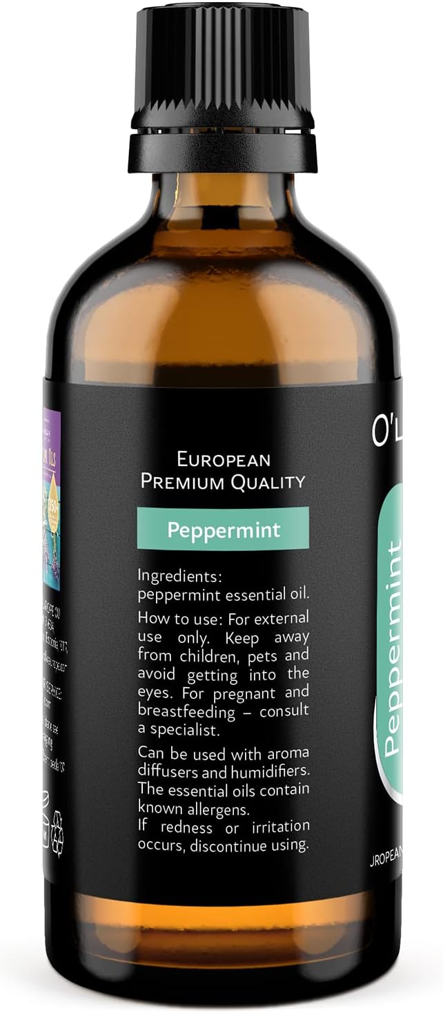 O'linear 3.4 Fl Oz Therapeutic Grade Peppermint Essential Oil for Diffusers for Home, Aromatherapy 100% Pure Mint Oil for Humidifiers, Natural Essential Oils for Candle Making SPA Steam Room Sauna