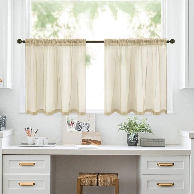 MIULEE Short Sheer Curtains 30 Inch Length for Kitchen Bathroom Cafe Half Window Treatment, Rod Pocket Tier Curtains 2 Panels, 29x30 Inches Long, Beige