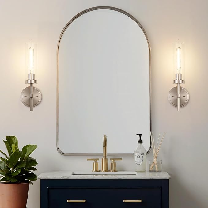 Brushed Nickel Hardwired Wall Sconces Set of 2, Modern Bathroom Sconces Vanity Light Fixture, Farmhouse Wall Mount Lamps for Mirror Living Room Bedroom Hallway