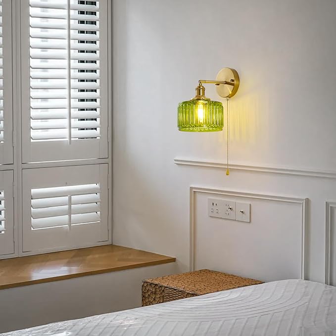 Vintage Wall Sconces with Pullswitch, 180 Degree Adjustable, Hradwired Modern Wall Lighting Fixture with Green Pumpkin Glass Lampshade for Bedroom Bedside Bathroom