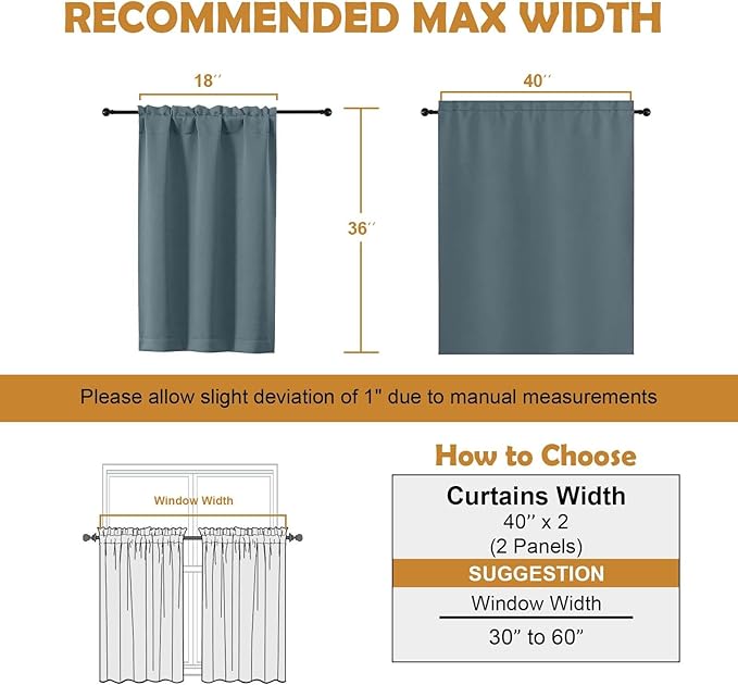 Aiyufeng Stone Blue Short 36 Inches Blackout Curtain 2 Panels Set, Half Window Rod Pocket Privacy Curtain Tiers for Kitchen, Curtains Blackout for Bathroom Shades, W40 x L36 Inch, Stone Blue