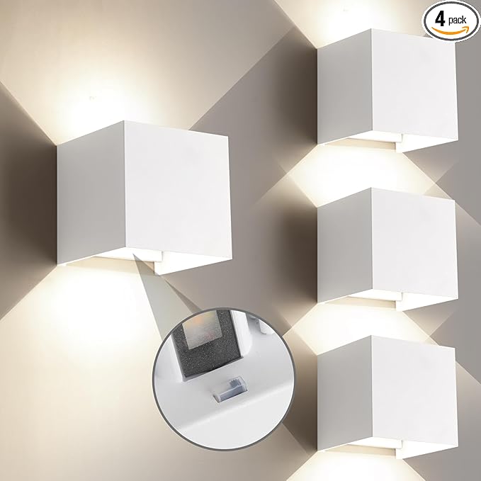 15W Outdoor Wall Sconce Lights & Indoor Wall Sconces,Matte White Square LED Wall Lights,3-Color-Temperature Selectable,4.33-Inch Up and Down Lights Outdoor Porch Lights Waterproof Light(4 Pack)