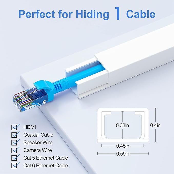 250in Cord Hider, One-Line Cable Hider, Yecaye Small Cord Covers for Wires on Wall System, Cable Raceway Kit for Max 2 Cords, Wire Hiders for Tv on Wall, Wire Hider, 16XL15.7in W0.59in H0.4in, White