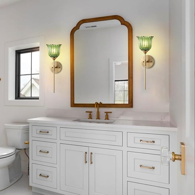 Gold Wall Sconce Set of 2 with Green Glass Shades Modern Mid Century Bathroom Vanity Wall Light Fixtures Industrial Brushed Brass Wall Lamp for Bedroom Mirror Living Room Restaurant