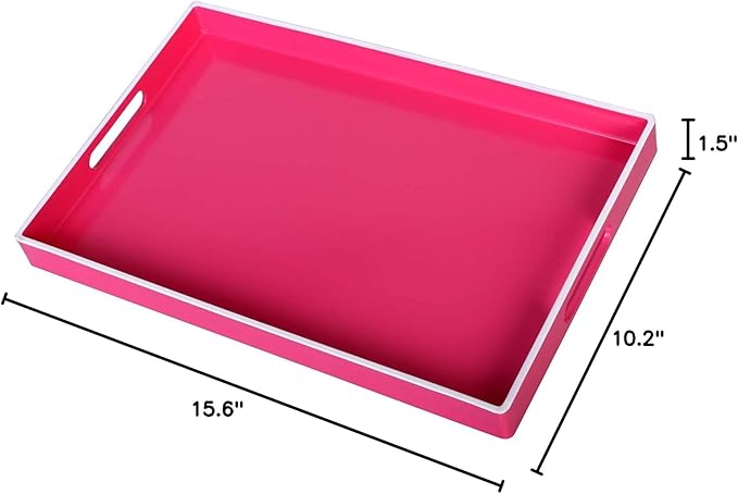 Zosenley Decorative Tray, Rectangular Plastic Tray with Handles, Modern Vanity Tray and Serving Tray for Bathroom, Kitchen, Ottoman and Coffee Table, 15.6" x 10.2" (Rose Pink)