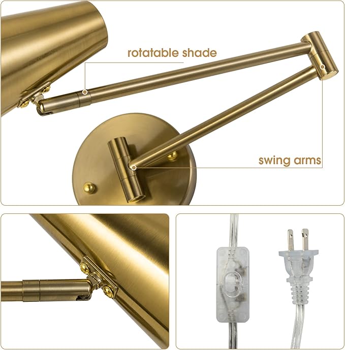 Plug in Wall Sconce Set of 2, Brass Swing Arms Wall Light Plug-in Wall Lamp for Bedroom Living Room Wall Lamp