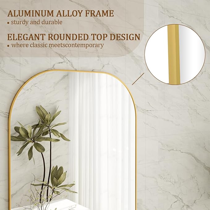 Koonmi Full Length Mirror, 56"x21" Mirror Full Length with Stand, Gold Domed Top Square-Edged Floor Mirror with Aluminum Alloy Frame for Bedroom Living Room