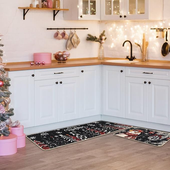 Snowman Christmas Trees Snowflake Christmas Kitchen Mats Set of 2, Black Winter Holiday Home Decor Kitchen Rugs for Floor 17x29 and 17x47 Inch