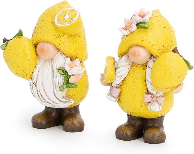 Hodao Set of 2 Lemon Gnome Figurines Sets - Lemon-Themed Gnomes Indoor Home Decor for Summer - Decorative Gnomes for Kitchen, Living Room, or Shelf - Cute Yellow Ornaments for Thanksgiving (Yellow-1)