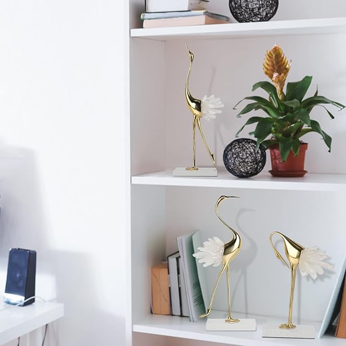 suruim Elegant Gold Crane Bird Statues with Crystal Tail Accents, Decorative Brass Figurines for Home Decor (White C)