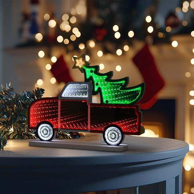 MEETYAMOR Christmas Decorations Indoor, Christmas Tree Truck Infinity Mirror Tunnel Light, 3D Endless Extension LED Night Lamp, USB Powered Colorful Table Centerpiece for Living Room Home Decor