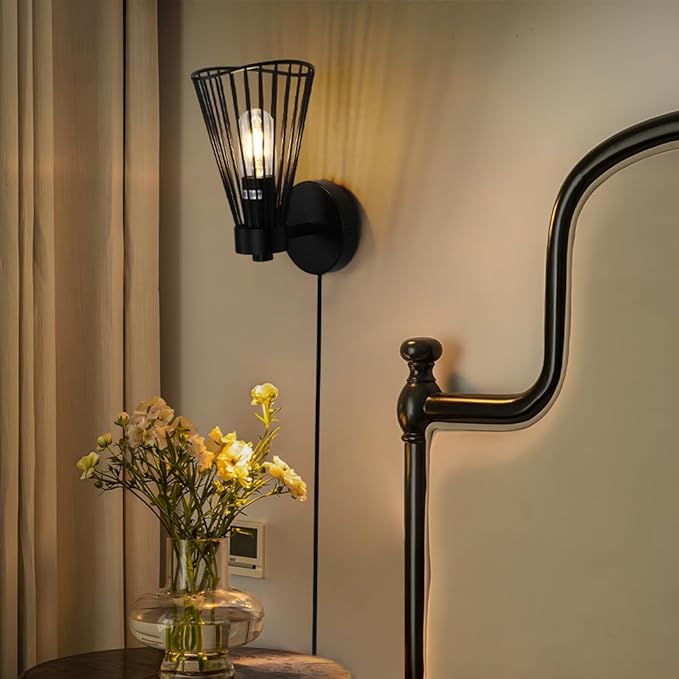 Plug in Wall Sconce Indoor, Industrial Wall Sconces, Farmhouse Wall Lamp with Plug in Cord, Vintage Black Wall Lights with On/Off Switch, Metal Wall Light Fixture for Living Room Bedroom Rustic, E26