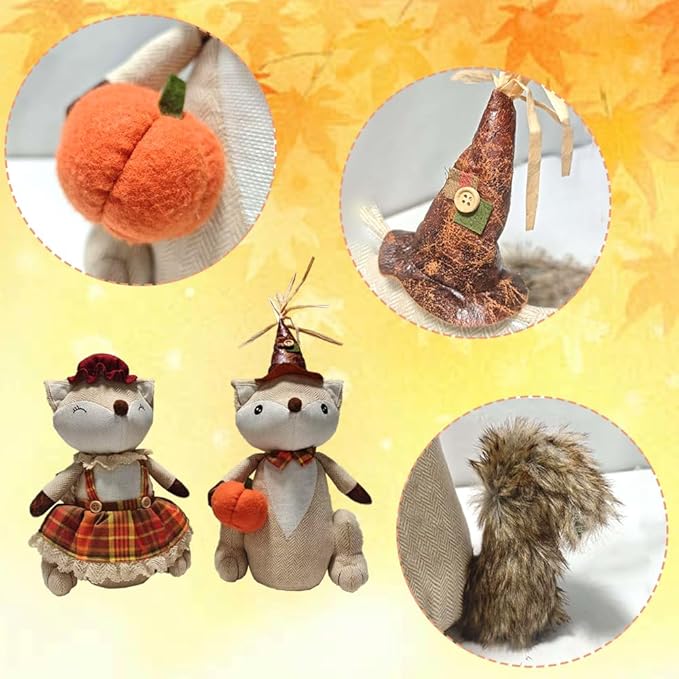Fall Mantel Decor Thanksgiving Decoration Plushed Fox, 14" Sitting Fox, Table Foxes Animals Figurines, Couple Doll,Handmade Ornaments Autumn Fall Decorations for Home Mantel Fireplace (1set 2pcs)