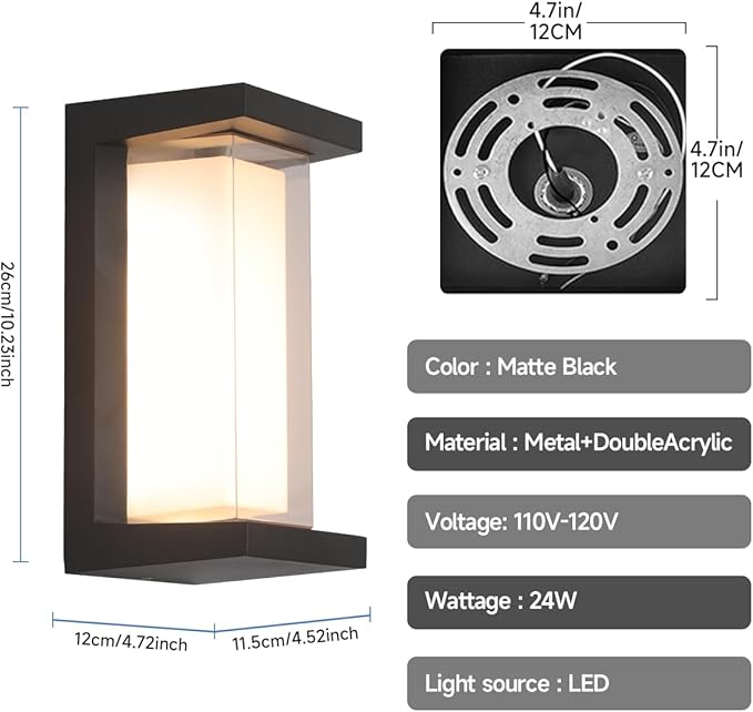 Modern Outdoor Wall Lights,24W Exterior Wall Lanterns,15%-100% Dimmable,3CCT 3000K/4000K/6500K,2160LM Aluminum Outdoor Wall Light Fixtures,10.23 Inch Matte Black Indoor Wall Sconces Art Lights 4 Pack