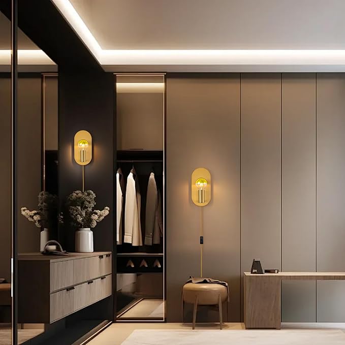 Plug in Wall Sconce Set of 2, Gold Modern Sconces Wall Lighting Cord with On Off Switch, Brushed Wall Mount Light Fixture for Bedroom Living Room Bathroom
