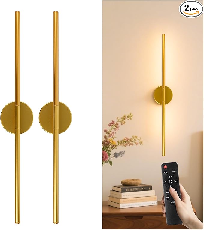 Battery Operated Wall Sconces Set of 2, Detachable Wireless Wall Lamps 360°Rotate, 10000mAh Rechargeable Wall Lights for Bedroom, Living Room,3000-6500K Dimmable, 28 Inch Gold