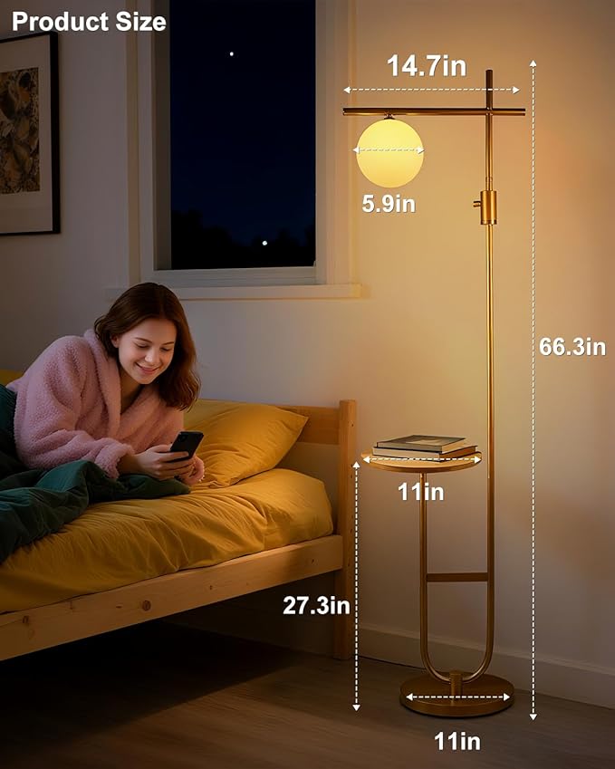 Lightdot 66IN Gold Dimmable Floor Lamps with Storage Table, Modern Standing Tall Lamp with Milky White Globe Lampshade, Cross-Shaped Lamp Head and U-Pole Base Style for Living Room/Bedroom/Office