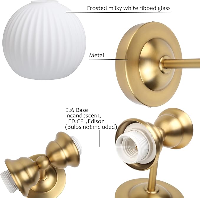 Pathson 2-Light Milk White Wall Sconces Striped Glass, Modern Bathroom Sconces Wall Vanity Light Fixtures Brass Finish, Vintage Wall Sconce Lamp for Mirror Living Room Bedroom Farmhouse Lighting
