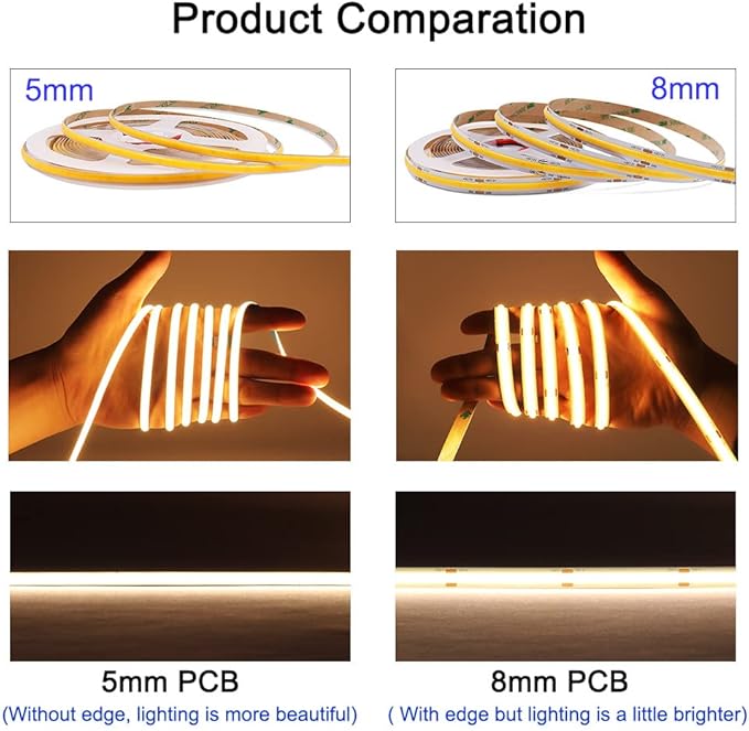 5mm Ultra Thin COB LED Strip 24V Ice Blue Color 16.4FT, RA>90 High CRI LED Tape Light, Cuttable Flexible, IP30 for Indoor House Kitchen Room Decor