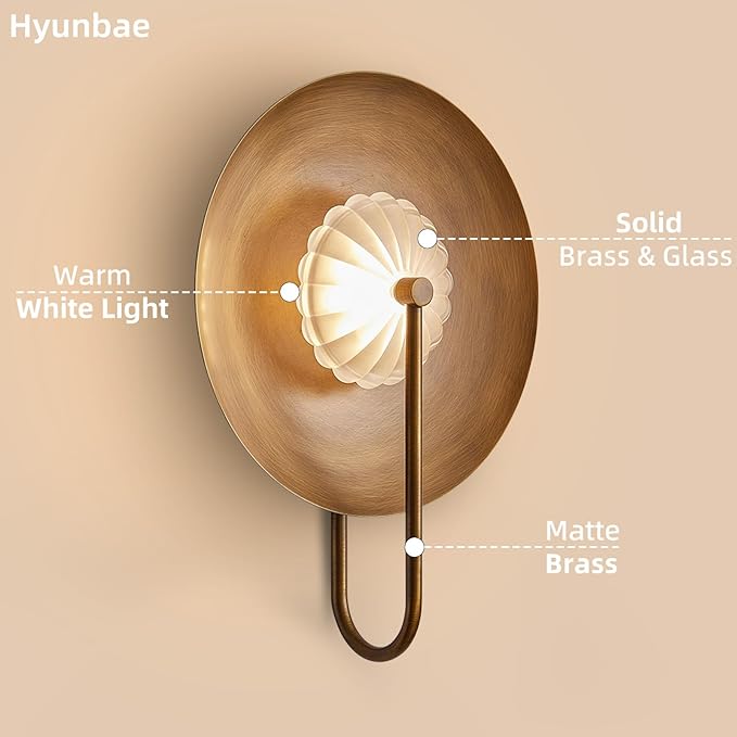 Hyunbae Mid Century Modern Wall Sconces Indoor, Dimmable LED Wall Sconce with Fluted Glass Shade, Brass Wall Lights for Living Room, Bedroom, Bathroom, Hallway, Dining Room, 2700K
