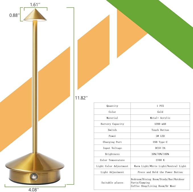 Cordless LED Table Lamp, Rechargeable 5200mAH Battery Operated Lamp for Decor, 3 Color Stepless Dimming Desk Lamps, for Restaurant, Bedroom, Outdoor Camping, Coffee Shop, Night Light
