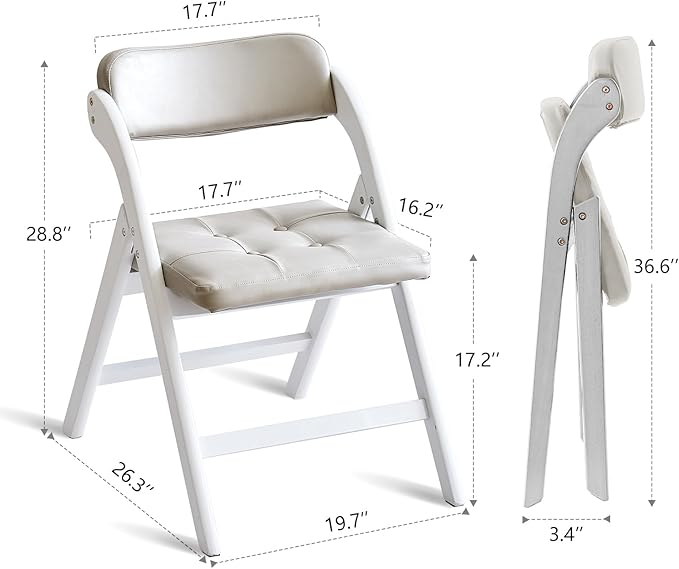 Wood Folding Chairs with Padded Seats, Wooden Folding Chairs Set of 2, Foldable Dining Chair with Cushion, Stackable Extra Chair for Indoor Outside Events, Party, Wedding (White Gray)