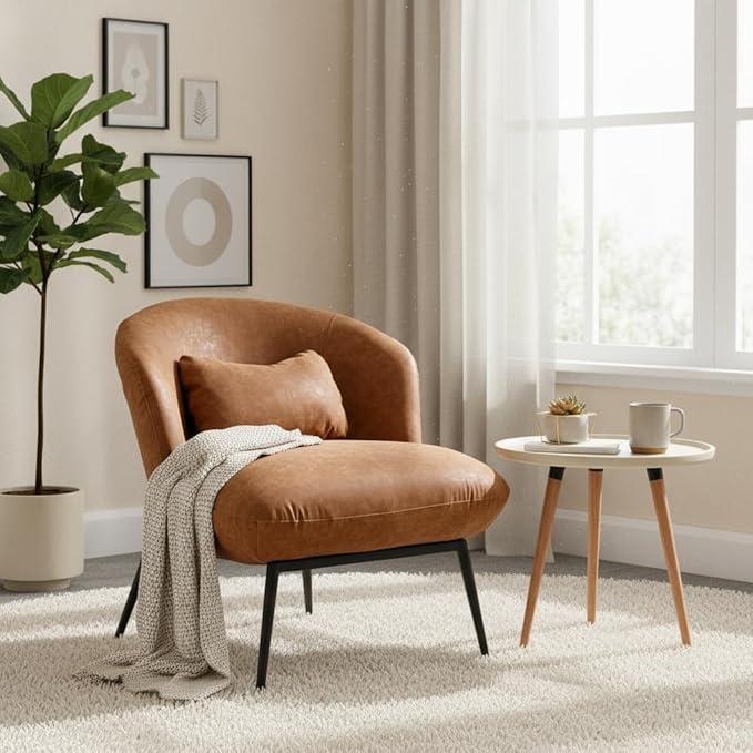 LukeAlon PU Leather Single Sofa Chairs Set of 2, Modern Upholstered Accent Chairs with Metal Legs and Pillow Cute Living Room Chairs Wide Seat Slipper Chairs for Bedroom Reception Area, Brown