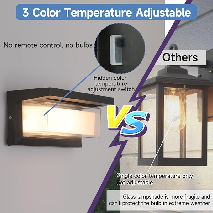 Outdoor Modern Wall Sconce Lights,Dimmable Indoor Wall Light Fixtures,3 Color 3000K/4000K/6500K Adjustable,24W Exterior Wall Lighting,Waterproof Outdoor Porch Light,2160LM Indoor Wall Sconce 1 Pack