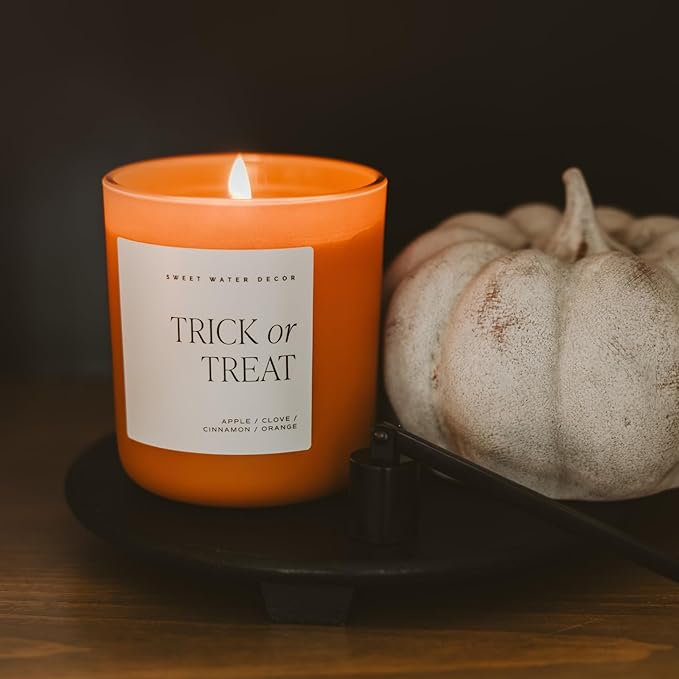 Sweet Water Decor Trick or Treat Candle, Large 15oz Jar, Scented with Pumpkin, Apple, Cinnamon & Vanilla, Non-Toxic Soy Wax Blend, Indoor Halloween Decorations for Home & Bathroom, 70+ Hour Burn