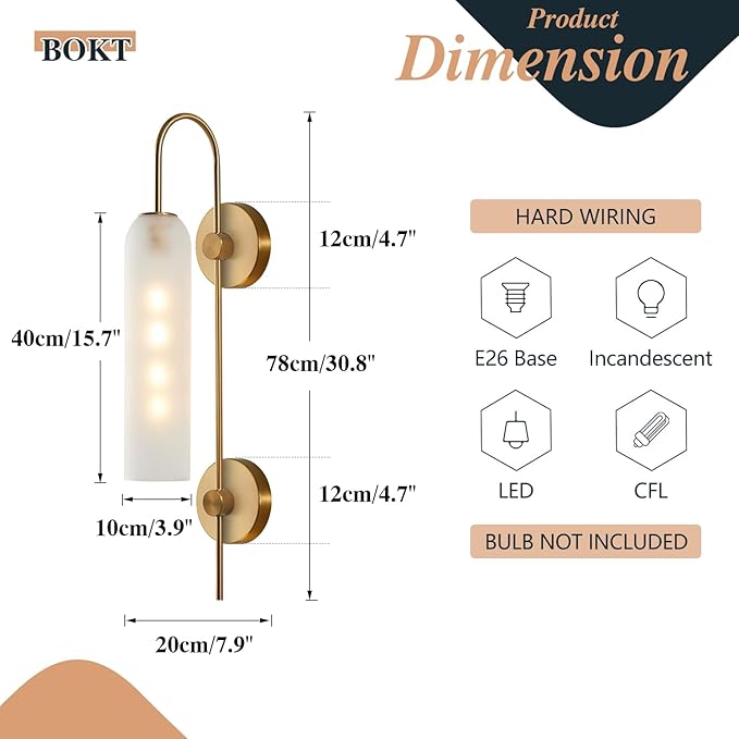 BOKT Mid Century Modern 1-Light Wall Mounted Light Brushed Gold Metal Wall Sconce Lighting Minimalist Anti Brass Wall Sconce Lamp White Glass Bathroom Vanity Light Fixture (White)