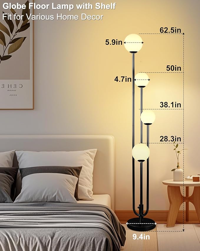 Lightdot Black Globe Floor Lamp 4-Lights Dimmable Floor Lamps with Tray 3000K Bulbs Included Unique Candle Standing Lamp for Living Room/Bedroom