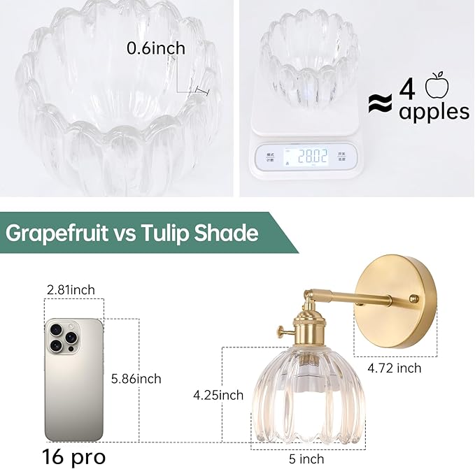 Vintage Battery Operated Wall Sconce with Cute Transparent Tulip Glass Lampshade Wireless Rechargeable Battery Powered Wall Light with Remote Control for Bedside Bedroom Doorway