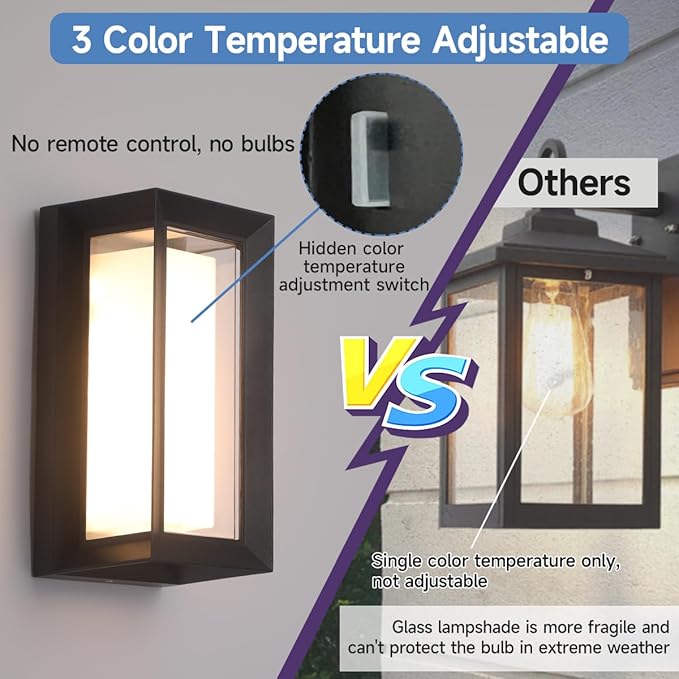 Outdoor Wall Light Fixtures,15%-100% Dimmable,3CCT 3000K/4000K/6500K,2160LM Aluminum Outdoor Modern Wall Lights,10.23 Inch Exterior Waterproof Lanterns,Matte Black Indoor Wall Sconce Art Lights 1 Pack