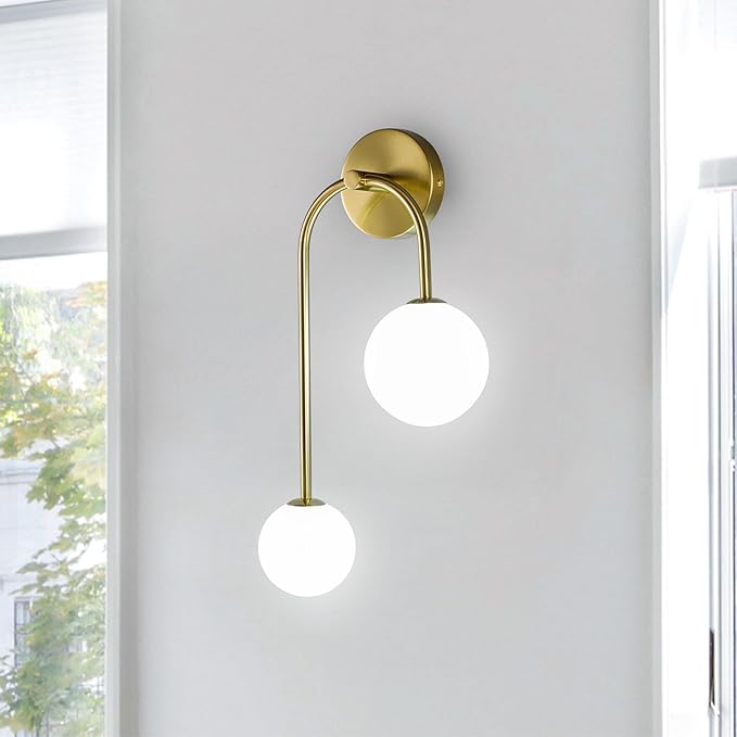 Milk Glass Wall Sconce Gold Wall Sconces Mid Century Modern Sconces Wall Lighting 2 Light Globe Sconce for Bedroom Living Room Hallway Wall Light Fixtures