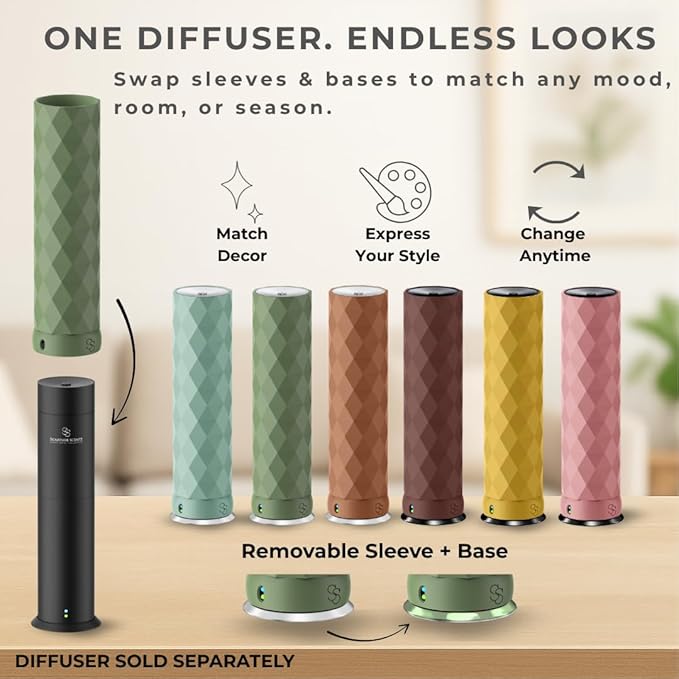 Waterless Essential Oil Hotel Scent Diffuser - Cold Air Diffuser - Covers 1000 sq. ft. - Waterless Diffuser for Home, Office & Hotel (Black + Interchangeable Sleeve) (Black + Light Gray Sleeve)
