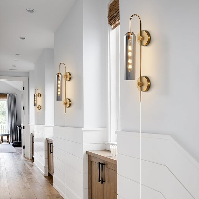 BOKT Mid Century Modern Brass Gold Plug in Wall Light Lamp 1 Light Indoor Smoke Gray Glass Wall Sconce Lighting Single Vintage Wall Mounted Bedroom Lights Plug in Sconces Wall Lighting (Smoke Gray)