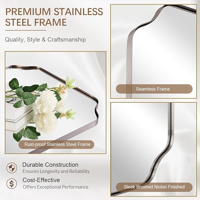 ANDY STAR Brushed Nickel Mirror 30x40 Inch, Rectangle Bathroom Mirror for Wall, Large Scalloped Wall Mirror in Anti-Rust Stainless Steel Metal 1’’ Frame, Wall Mounts Horizontally or Vertically
