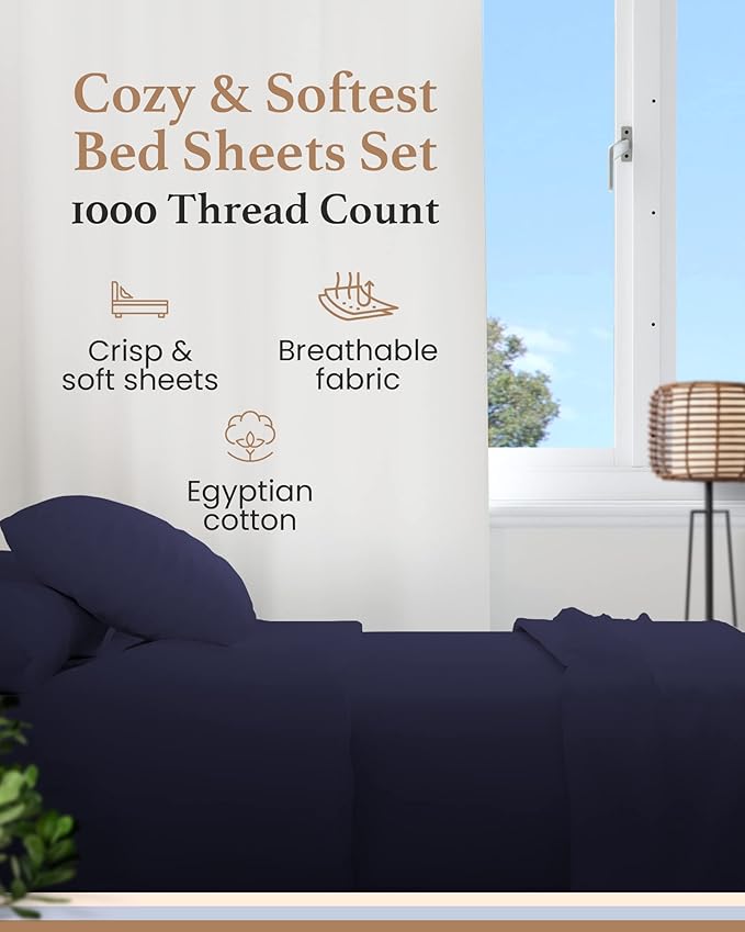 Good Sleep Bedding Sheets Queen Size Bed Set 1000 Thread Count - 100% Egyptian Cotton Bed Sheets Queen Size, 4 Pc, Long Staple Cotton Queen Sheet Set, Soft Queen Sheets Deep Pocket 16" - Navy Blue