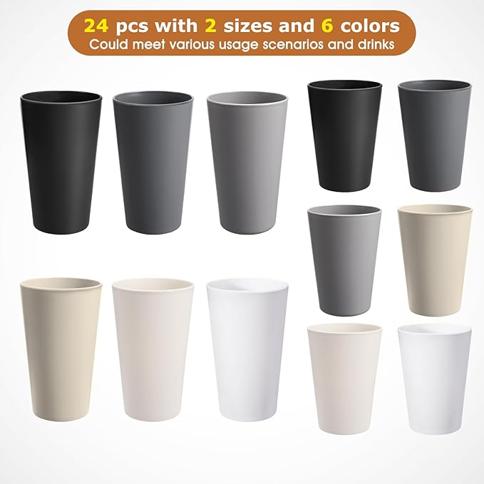 24 Pcs Unbreakable Plastic Cups Set, 12 Pcs 14 oz and 12 Pcs 20 oz Reusable Plastic Cups, Stackable Water Tumblers, Drinking Cup for Kitchen, BPA-free, Dishwasher and Microwave Safe, 6 Colors