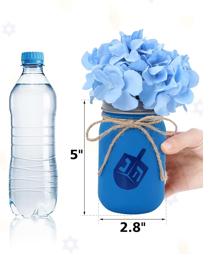 Nefelibata Hanukkah Mason Jar Floral Arrangement Table Centerpiece Hanukkah Home Decor Hanukkah Tiered Tray Decor with Faux Plants Artificial Blue Flowers Set of 3