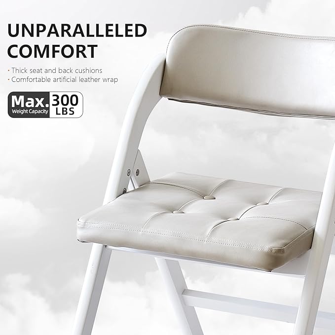 Wood Folding Chairs with Padded Seats, Wooden Folding Chairs Set of 2, Foldable Dining Chair with Cushion, Stackable Extra Chair for Indoor Outside Events, Party, Wedding (White Gray)