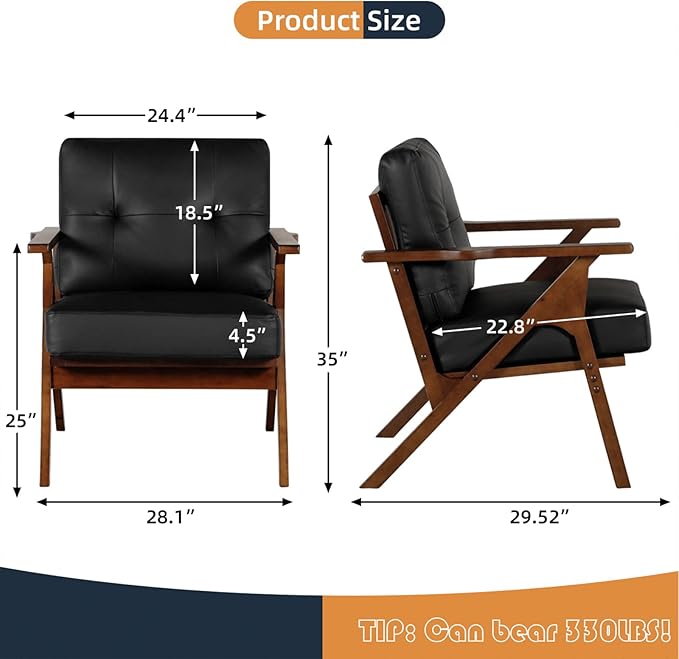 AODAILIHB Accent Chairs Set of 2, Mid Century Modern Accent Chairs, Retro Wood and Leather Armchairs, Lounge Reading Comfy Arm Chair for Living Room, Bedroom, Studio, Office (2, Black)