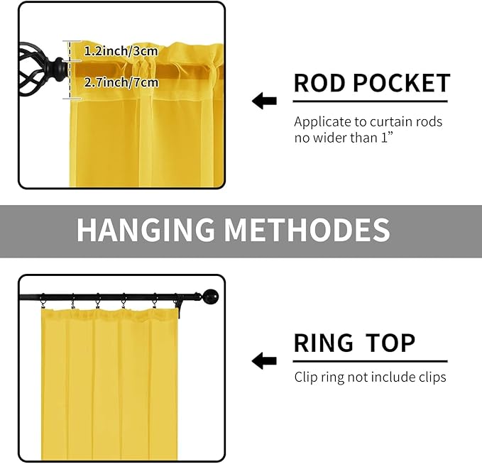 Sheer Curtains 72 Inches Long 2 Panels, Rod Pocket Short Curtain for Kitchen, Bedroom, Cafe Window(Yellow 38" W x 72" L)
